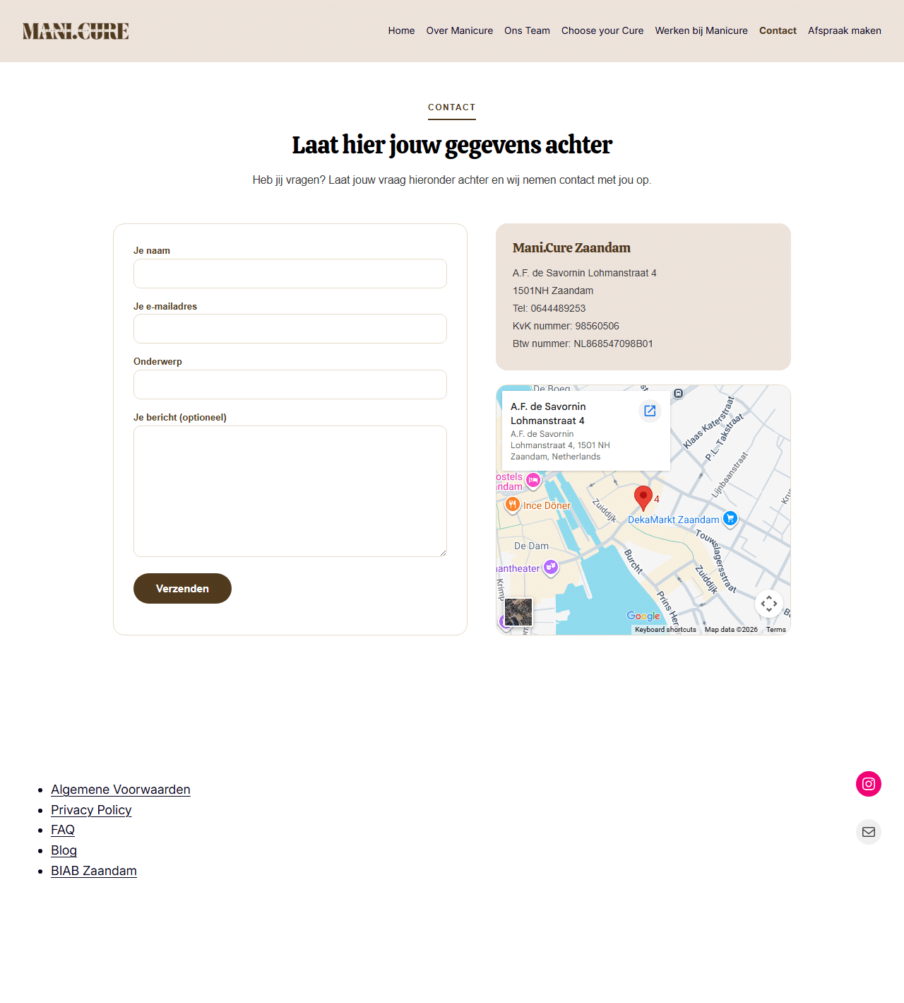 Contactpagina van de Mani.Cure-website