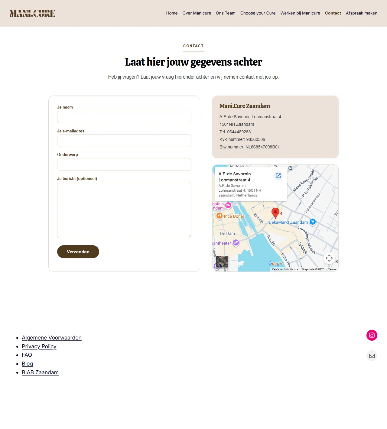 Contactpagina van de Mani.Cure-website