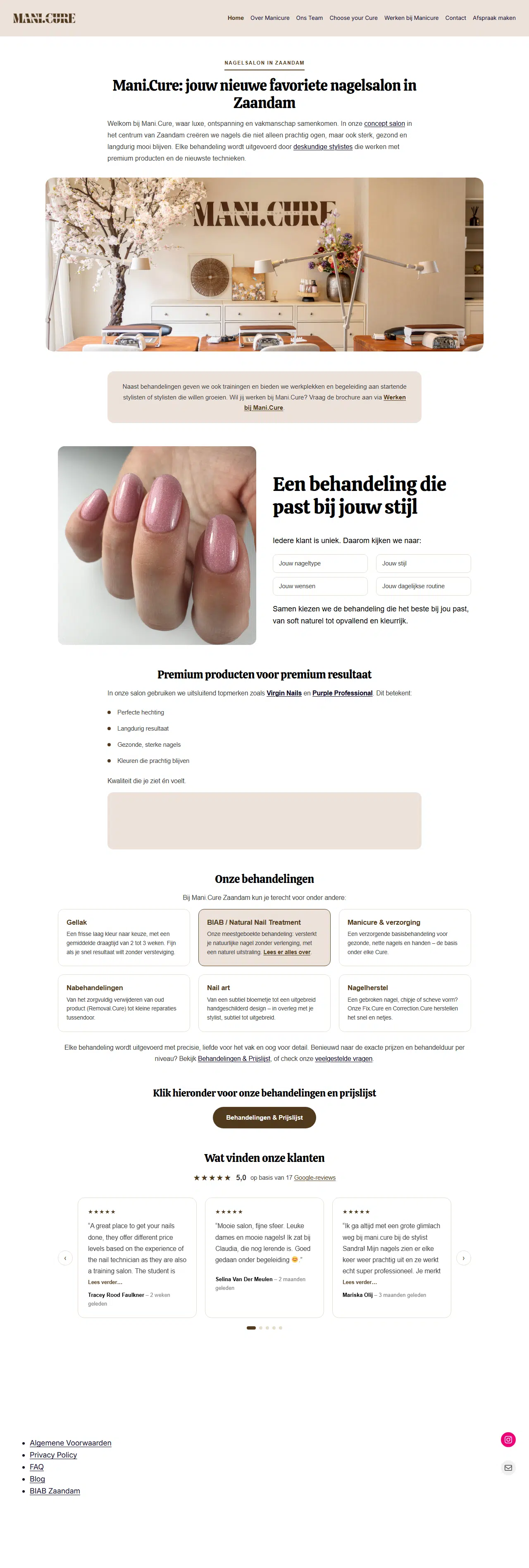 Voorbeeld van een salonwebsite, gebouwd voor Mani.Cure