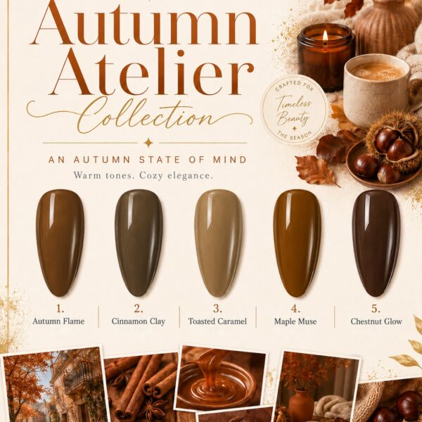 Autumn Atelier Collection: Autumn Flame, Cinnamon Clay, Toasted Caramel, Maple Muse en Chestnut Glow